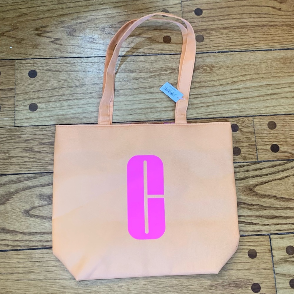 Macys Clinique Large Shopping Shoulder Travel Orange Tote Bag With Pink C Logo
